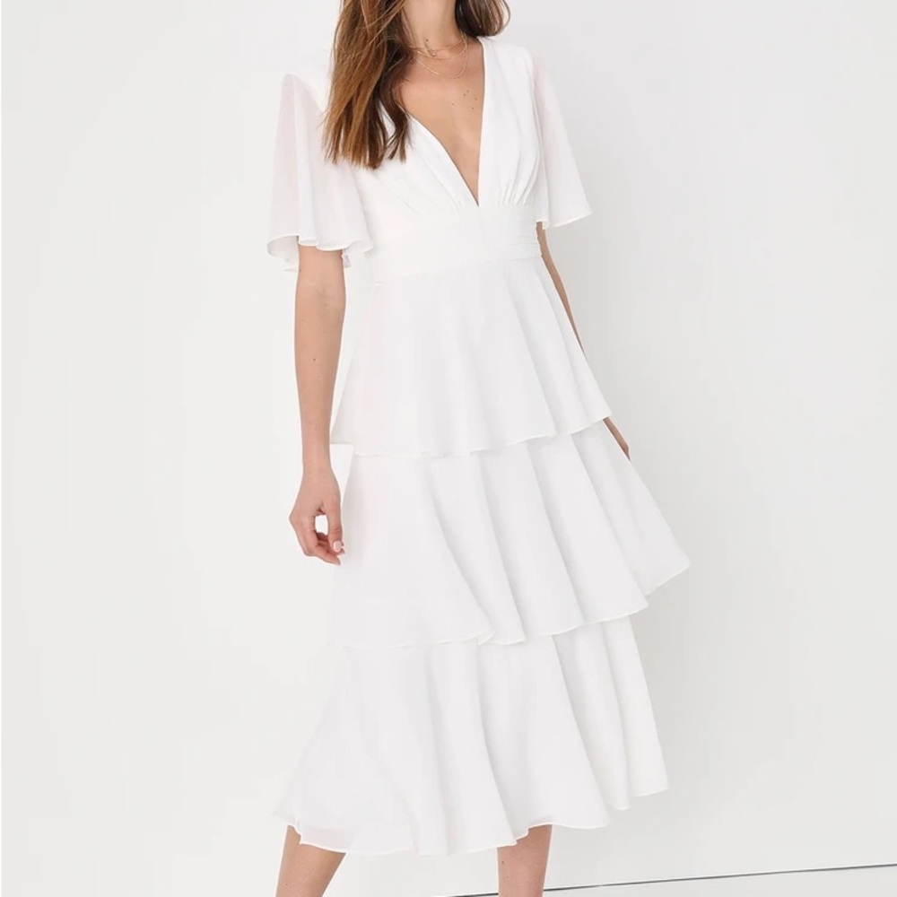 Lulu’s White Ruffle Deep V Dress
